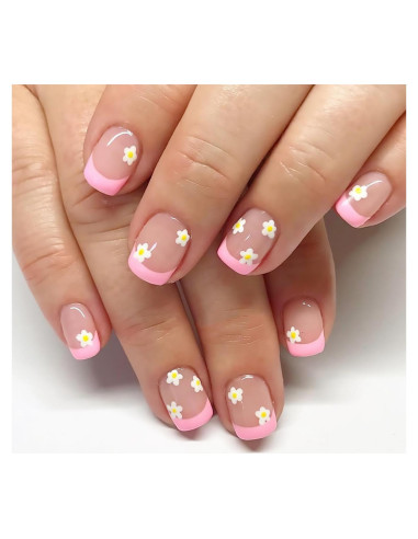 Uñas Postizas Cortas Cuadradas Tyuimhx 24 Pcs Punta Francesa Rosa