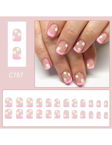 Uñas Postizas Cortas Cuadradas Tyuimhx 24 Pcs Punta Francesa Rosa