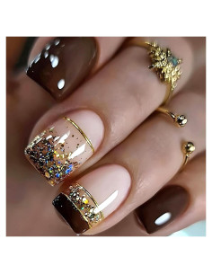 Uñas Postizas Cortas Francesas Marrones WBRRFJJ 24 Pcs