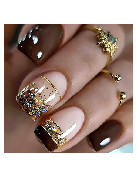 Uñas Postizas Cortas Francesas Marrones WBRRFJJ 24 Pcs