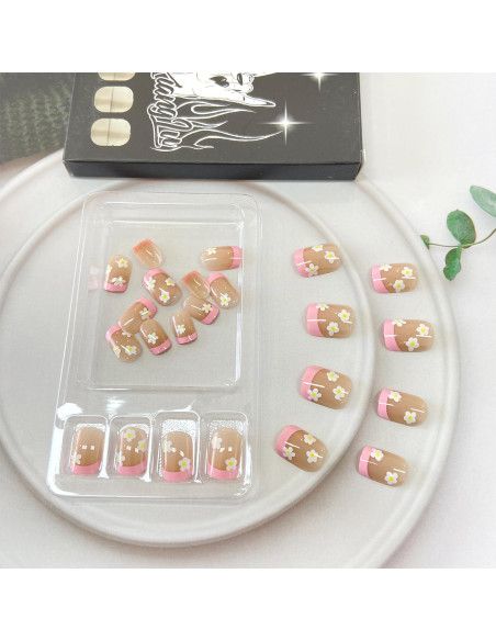 Uñas Postizas Cortas Cuadradas Tyuimhx 24 Pcs Punta Francesa Rosa