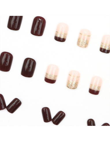 Uñas Postizas Cortas Francesas Marrones WBRRFJJ 24 Pcs