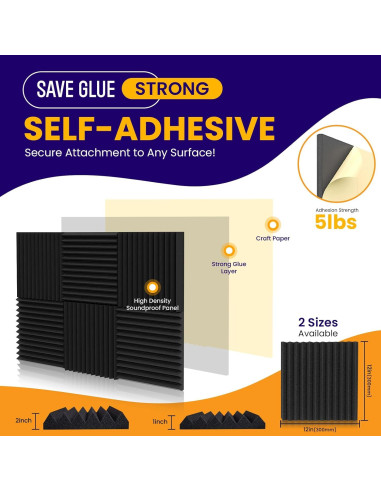 Paquete de 12 paneles acústicos negros 30.48x30.48 cm