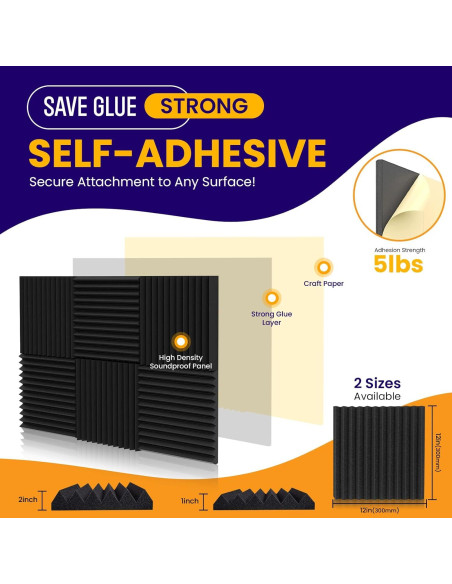 Paquete de 12 paneles acústicos negros 30.48x30.48 cm