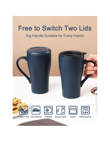 Taza de té grande ARRADEN 532ml con infusor y 2 tapas Azul