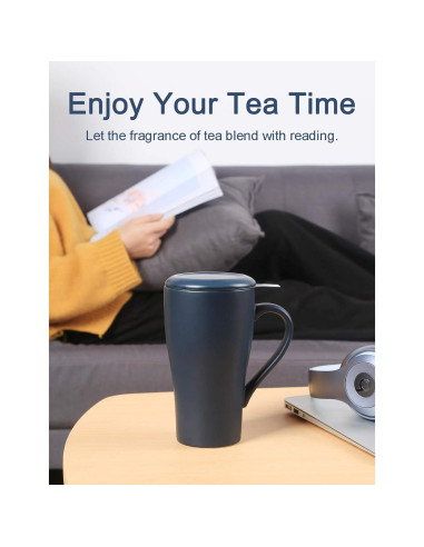 Taza de té grande ARRADEN 532ml con infusor y 2 tapas Azul