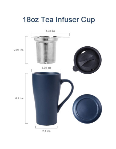 Taza de té grande ARRADEN 532ml con infusor y 2 tapas Azul