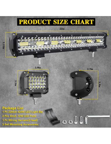 Kit de Barra de Luz LED OfleGold 22" 420W + 2 Pods 4" 72W
