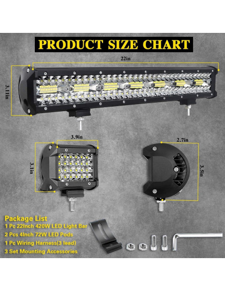 Kit de Barra de Luz LED OfleGold 22" 420W + 2 Pods 4" 72W
