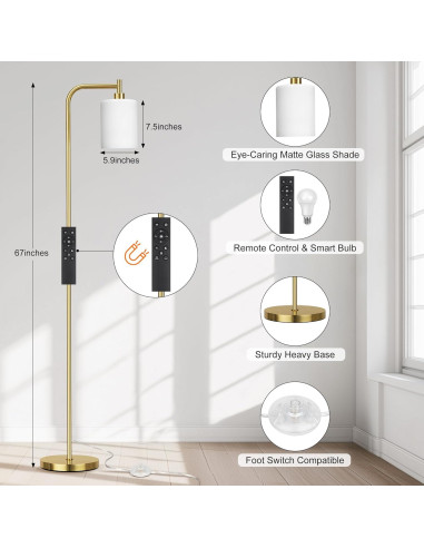 Lámpara de Pie LED Qimh Dorada con Control Remoto y Regulable