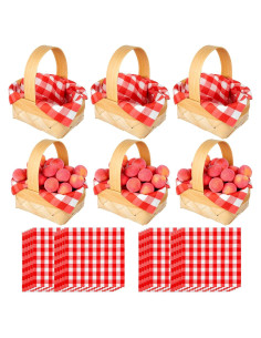 6 Mini Cestas de Madera con Mangos y 20 Servilletas Rojas