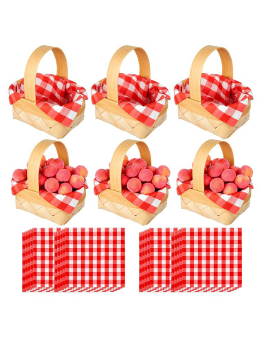 6 Mini Cestas de Madera con Mangos y 20 Servilletas Rojas