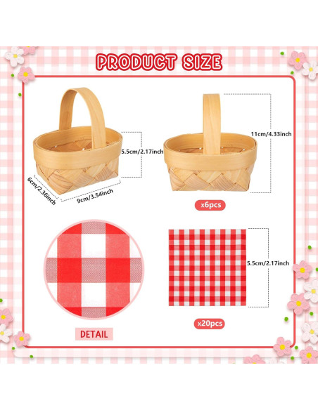 6 Mini Cestas de Madera con Mangos y 20 Servilletas Rojas
