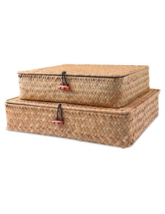 Juego de 2 Cestas de Mimbre FEILANDUO con Tapa - Almacenamiento Boho