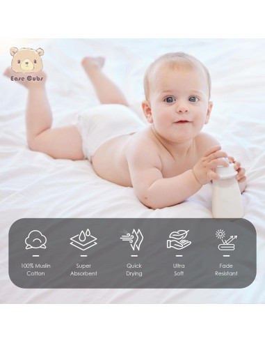 Toallitas de Muselina para Bebé Ease Cubs 100% Algodón 12 Pzas