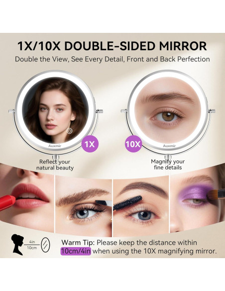 Espejo de Maquillaje Iluminado Auxmir 20.32 cm 1X/10X Recargable