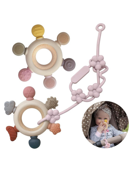 3 Anillos de Dentición para Bebés - Silicona y Madera - Gris