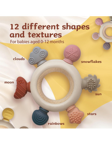 3 Anillos de Dentición para Bebés - Silicona y Madera - Gris