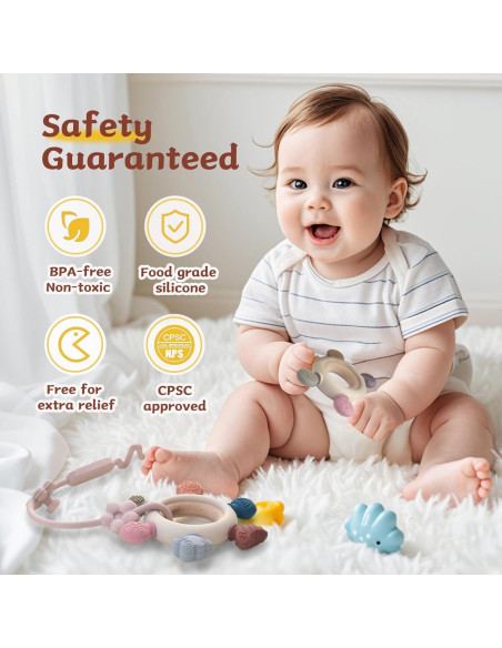 3 Anillos de Dentición para Bebés - Silicona y Madera - Gris