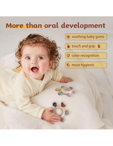 3 Anillos de Dentición para Bebés - Silicona y Madera - Gris