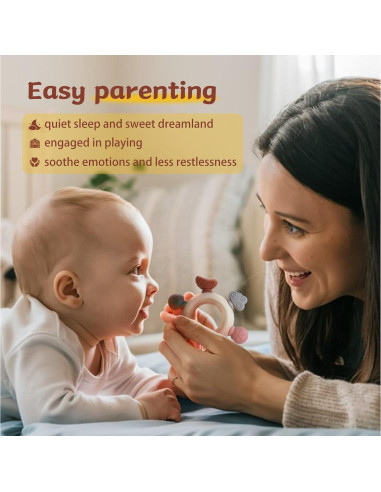 3 Anillos de Dentición para Bebés - Silicona y Madera - Gris