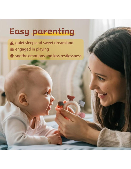 3 Anillos de Dentición para Bebés - Silicona y Madera - Gris