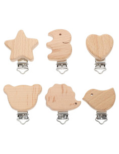 Clips de Chupete de Madera Natural Garneck - 6 Pcs Animales