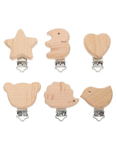 Clips de Chupete de Madera Natural Garneck - 6 Pcs Animales