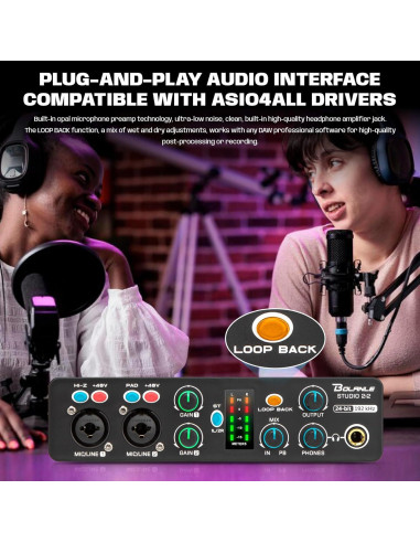 Interfaz de Audio Bolanle 2i2 24-bit/192kHz USB Portátil