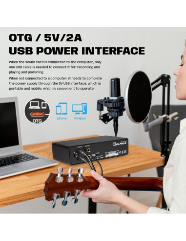Interfaz de Audio Bolanle 2i2 24-bit/192kHz USB Portátil