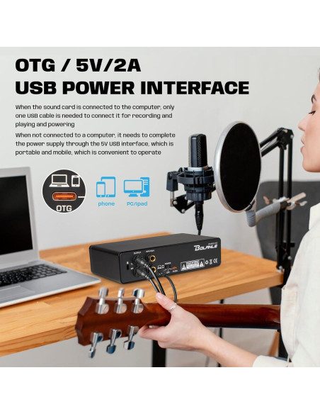 Interfaz de Audio Bolanle 2i2 24-bit/192kHz USB Portátil