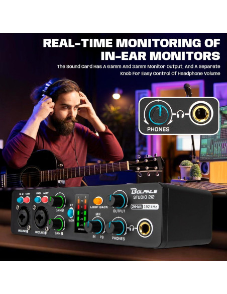 Interfaz de Audio Bolanle 2i2 24-bit/192kHz USB Portátil