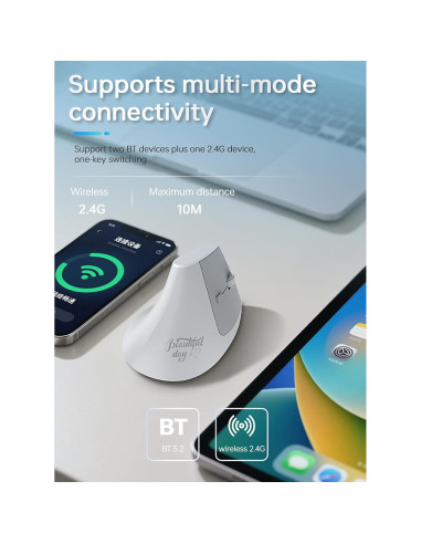 Ratón Inalámbrico Ergonómico Lomiluskr Blanco Recargable 2.4G/Bluetooth