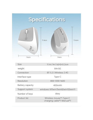 Ratón Inalámbrico Ergonómico Lomiluskr Blanco Recargable 2.4G/Bluetooth