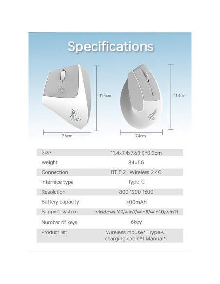 Ratón Inalámbrico Ergonómico Lomiluskr Blanco Recargable 2.4G/Bluetooth