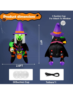 Bruja Inflable de Halloween 4FT Mukum con Luz LED y Gato Negro 2