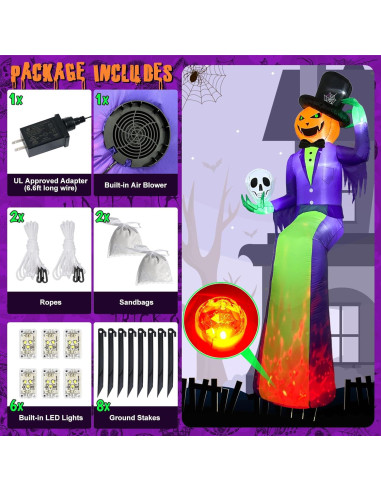 Inflable Halloween 10FT GUDELAK Hombre Calabaza con Luz LED