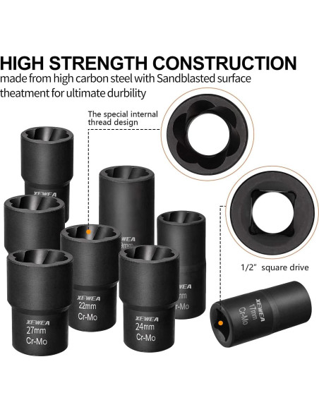 Juego de Extractores de Tuercas XEWEA 9 Piezas 1/2" Drive