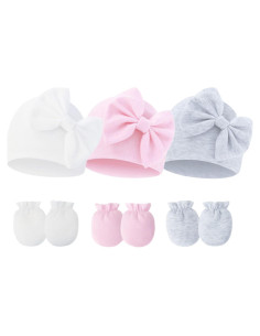 Conjunto Gorro y Manoplas Bebé Niña Rosa con Lazo 0-6 Meses