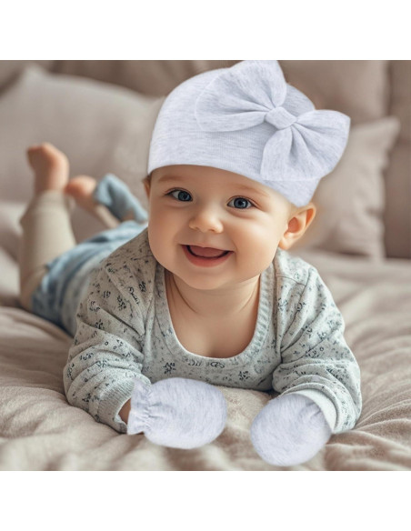 Conjunto Gorro y Manoplas Bebé Niña Rosa con Lazo 0-6 Meses