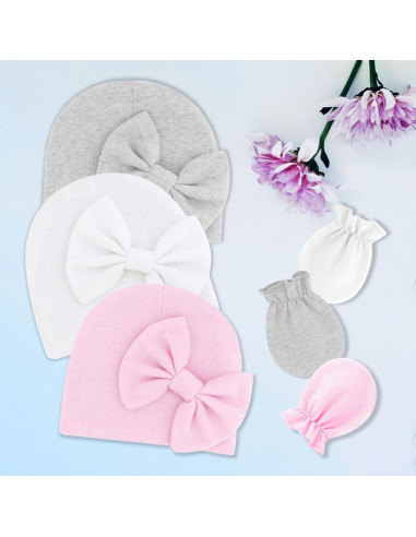 Conjunto Gorro y Manoplas Bebé Niña Rosa con Lazo 0-6 Meses