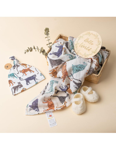 Manta de Muselina 100% Algodón Orgánico Miaoberry Tigre Crema