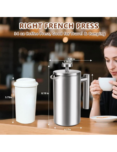 Prensa Francesa de Café AgcKuzt 34 oz Acero Inoxidable Doble Pared