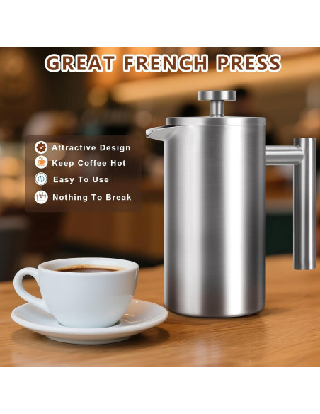 Prensa Francesa de Café AgcKuzt 34 oz Acero Inoxidable Doble Pared