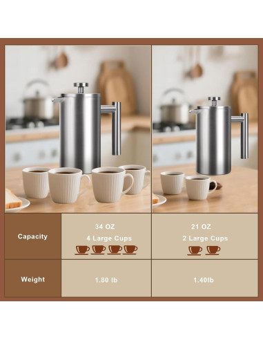 Prensa Francesa de Café AgcKuzt 34 oz Acero Inoxidable Doble Pared