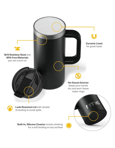 Taza de Viaje RTIC 473ml Aislada Acero Inoxidable Negra