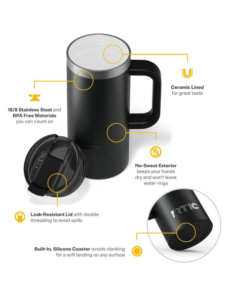 Taza de Viaje RTIC 473ml Aislada Acero Inoxidable Negra