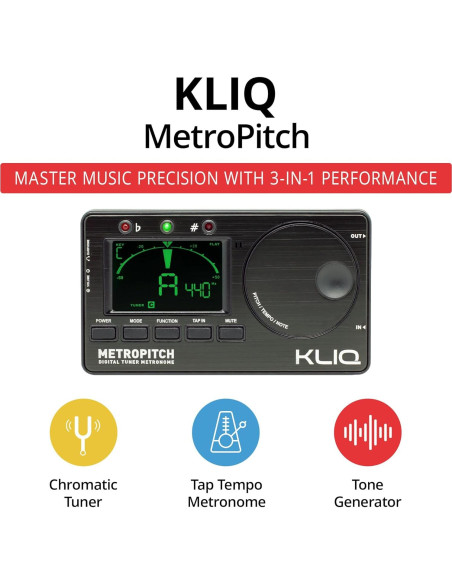 KLIQ MetroPitch Afinador y Metrónomo Digital 3-en-1 Negro