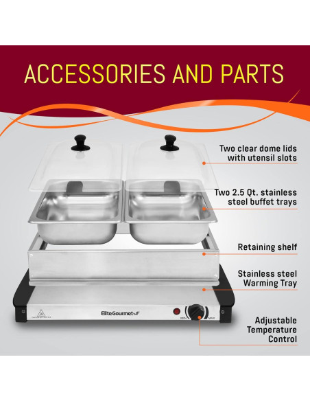 Servidor Buffet Elite Gourmet EWM-6122, 2 Bandejas 2.5L, Acero Inoxidable