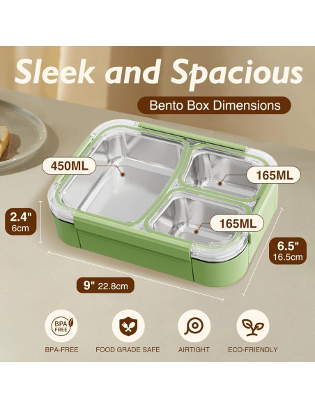 Caja Bento Acero Inoxidable 304 JKT HOME 3 Compartimentos Verde